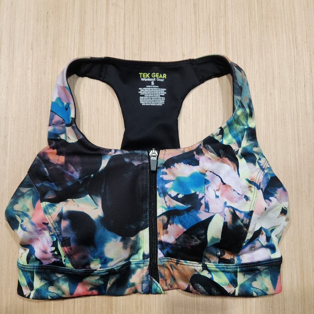 Tek Gear Workout Gear Floral Sports Bra Zip Front Racerback Size Small